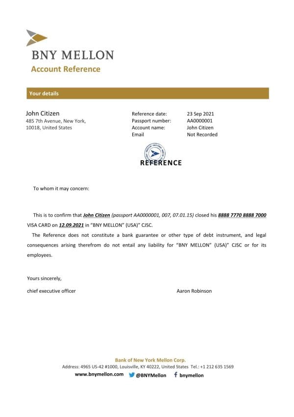 USA BNY Mellon bank account closure reference letter template in Word and PDF format USA BNY Mellon bank account closure reference letter template in Word and PDF format