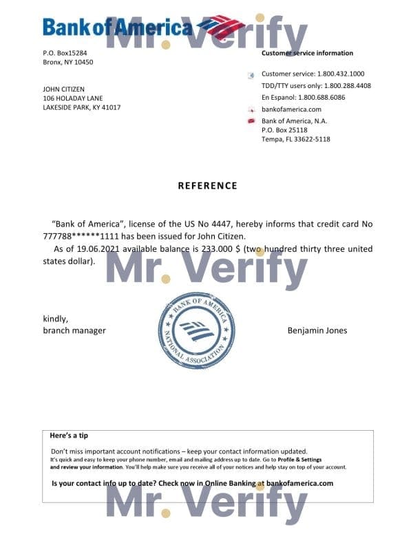 USA Bank of America bank account reference letter template in Word and PDF format USA Bank of America bank account reference letter template in Word and PDF format