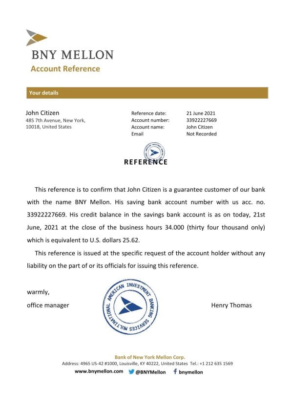 USA BNY Mellon bank account reference letter template in Word and PDF format