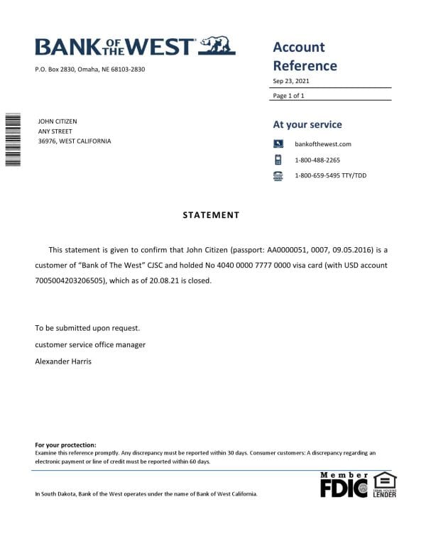 USA Bank of the West bank account closure reference letter template in Word and PDF format USA Bank of the West bank account closure reference letter template in Word and PDF format