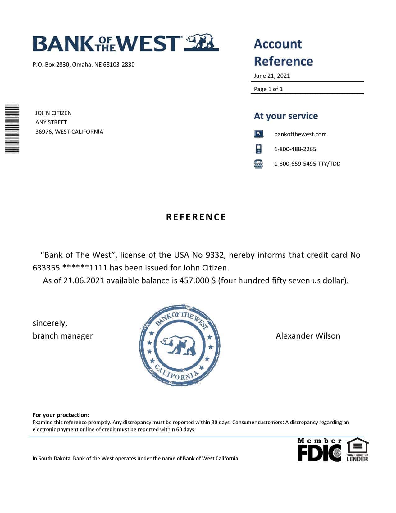 USA Bank of the West bank account reference letter template in Word and PDF format USA Bank of the West bank account reference letter template in Word and PDF format