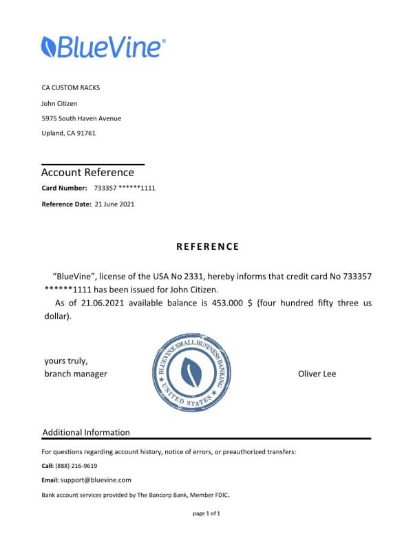 USA BlueVine bank account reference letter template in Word and PDF format USA BlueVine bank account reference letter template in Word and PDF format