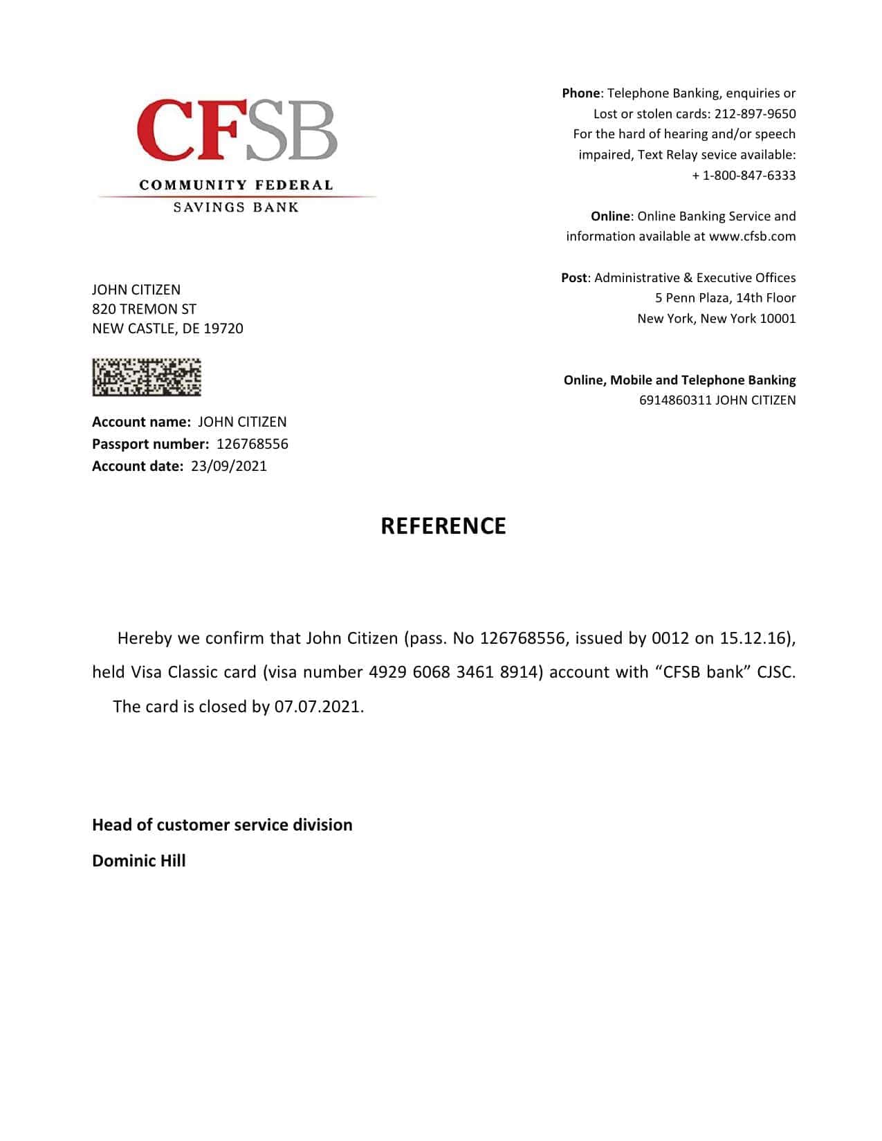 USA CFSB bank account closure reference letter template in Word and PDF format USA CFSB bank account closure reference letter template in Word and PDF format
