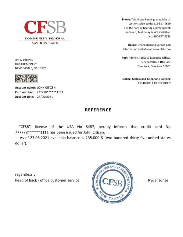 USA CFSB bank account reference letter template in Word and PDF format