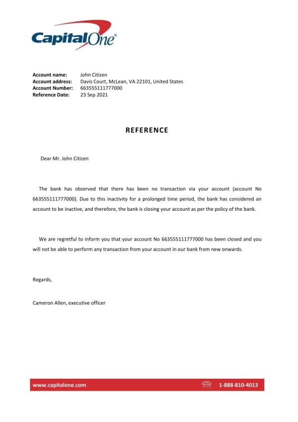 USA Capital One bank account closure reference letter template in Word and PDF format USA Capital One bank account closure reference letter template in Word and PDF format