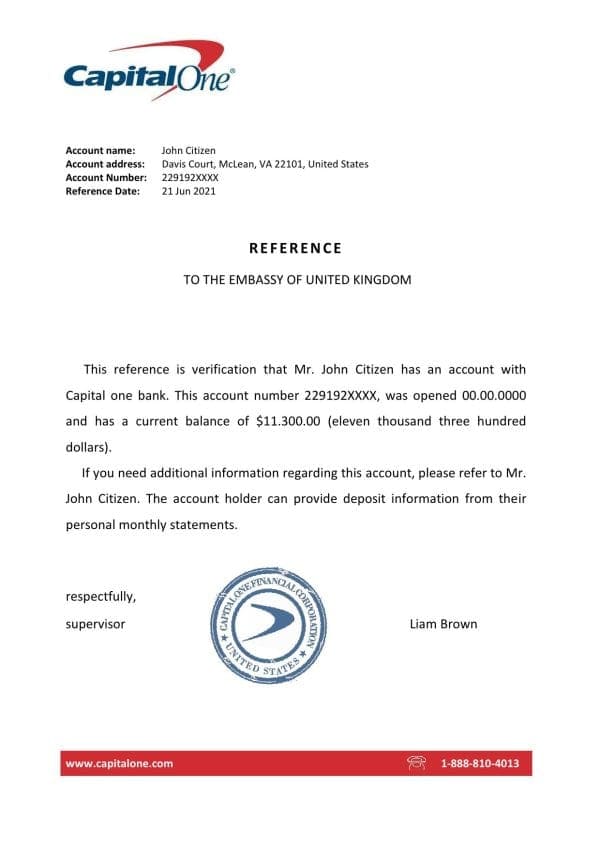 USA Capital One bank account reference letter template in Word and PDF format