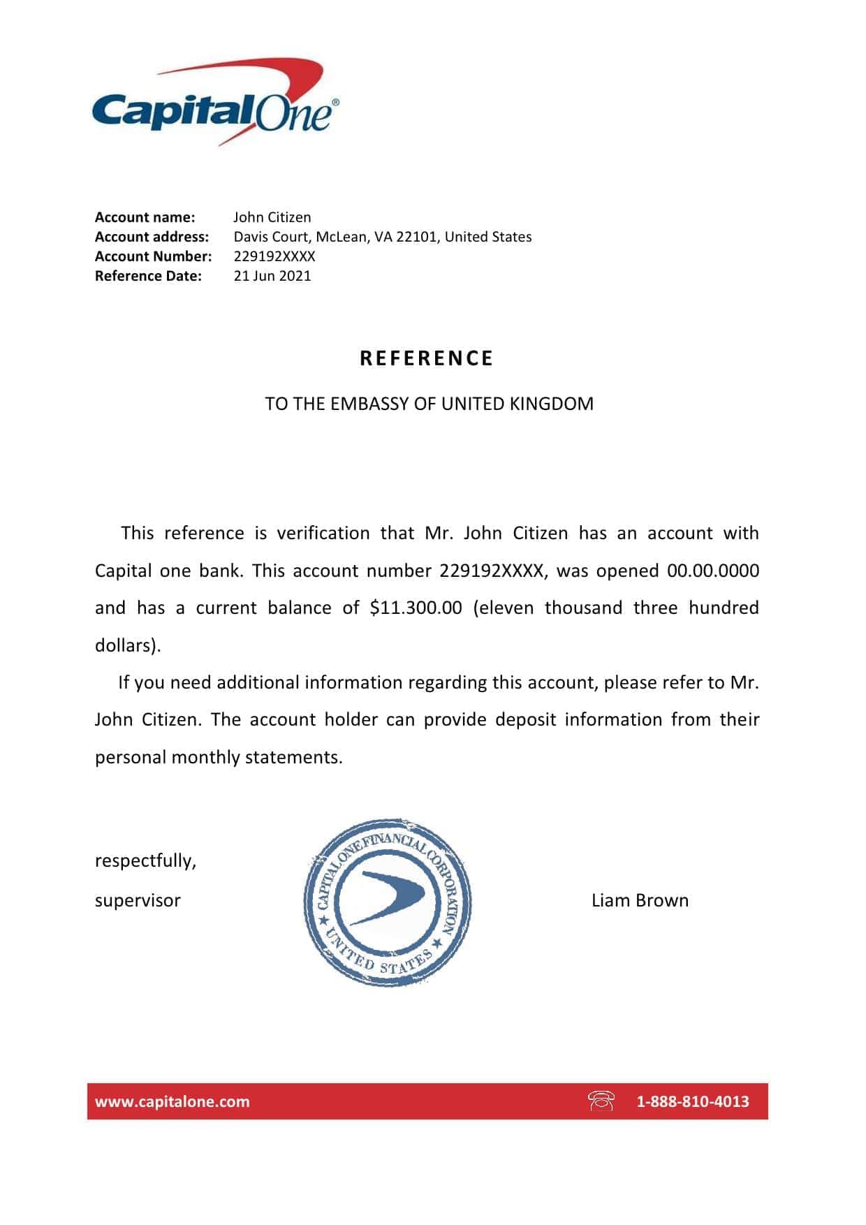 USA Capital One bank account reference letter template in Word and PDF format USA Capital One bank account reference letter template in Word and PDF format