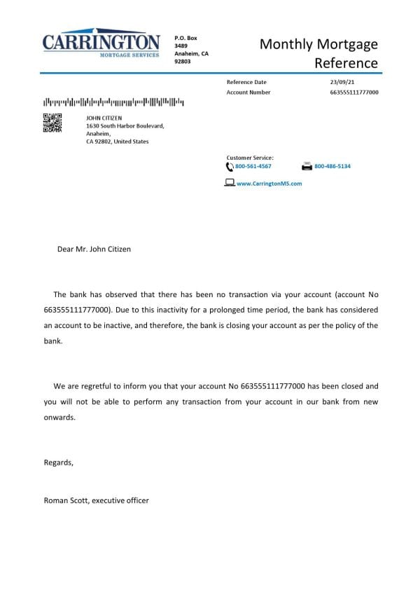 USA Carrington bank account closure reference letter template in Word and PDF format USA Carrington bank account closure reference letter template in Word and PDF format