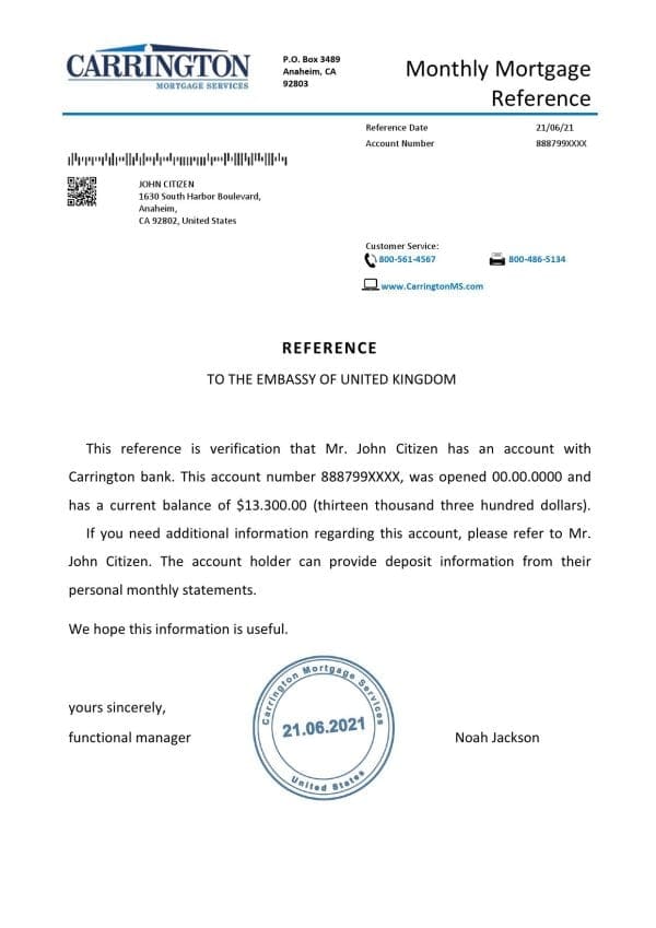 USA Carrington bank account reference letter template in Word and PDF format