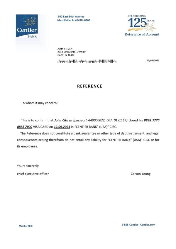 USA Centier Bank bank account closure reference letter template in Word and PDF format USA Centier Bank bank account closure reference letter template in Word and PDF format