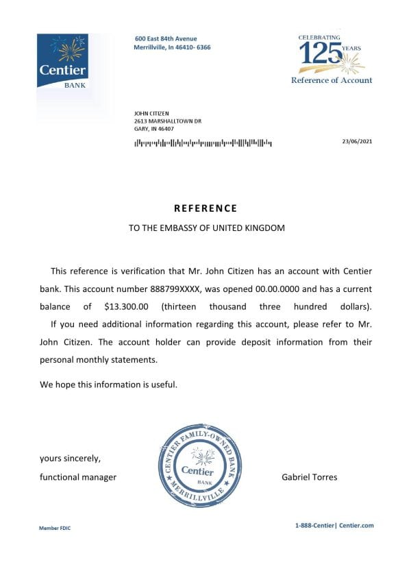 USA Centier Bank bank account reference letter template in Word and PDF format