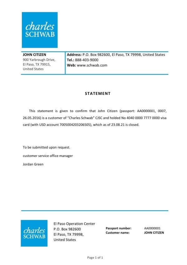 USA Charles Schwab bank account closure reference letter template in Word and PDF format USA Charles Schwab bank account closure reference letter template in Word and PDF format