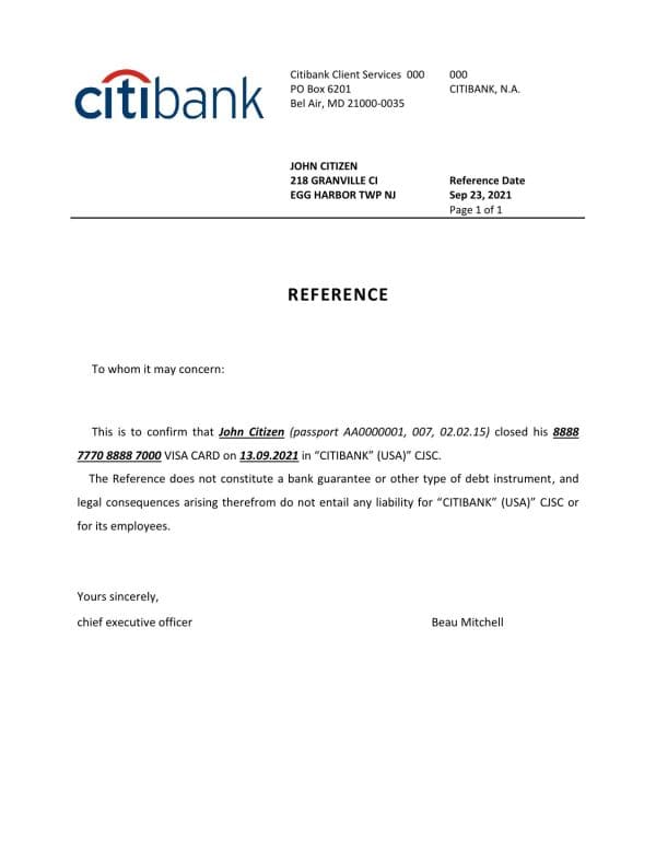 USA Citibank bank account closure reference letter template in Word and PDF format USA Citibank bank account closure reference letter template in Word and PDF format