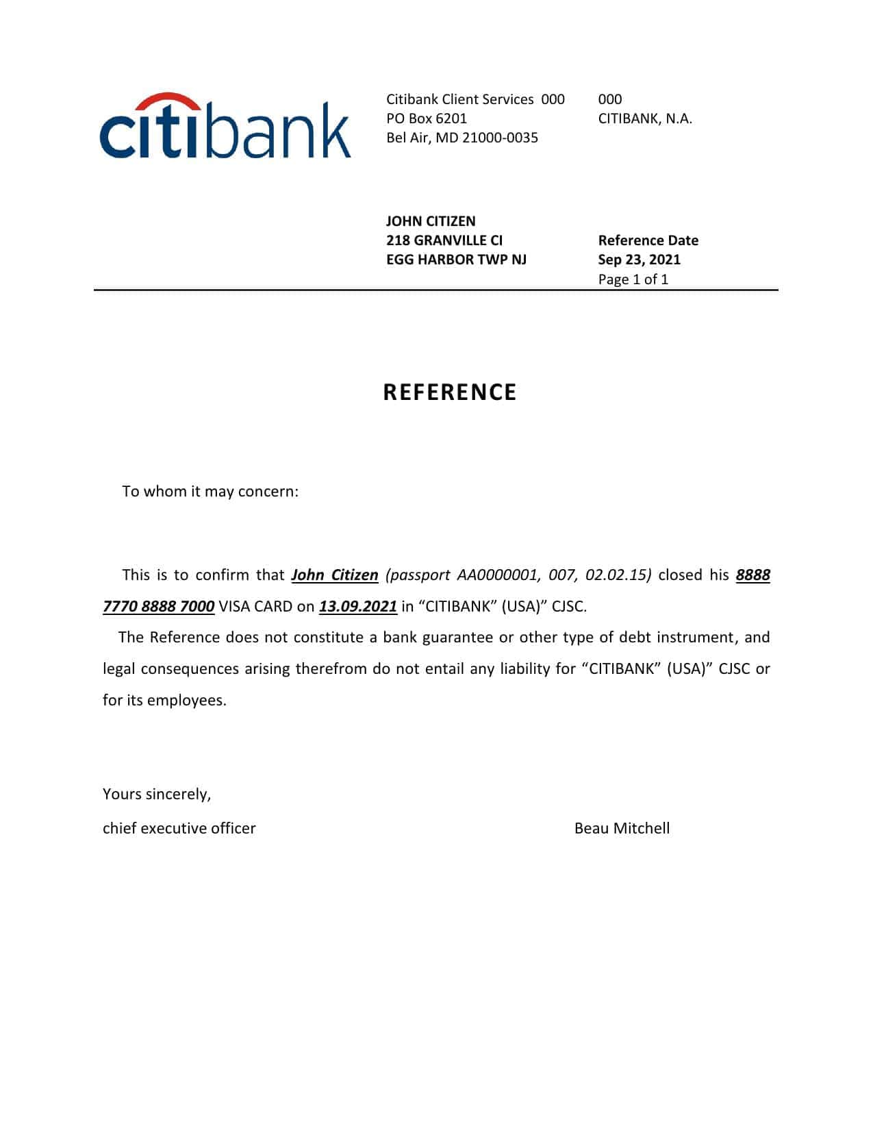 USA Citibank bank account closure reference letter template in Word and PDF format USA Citibank bank account closure reference letter template in Word and PDF format