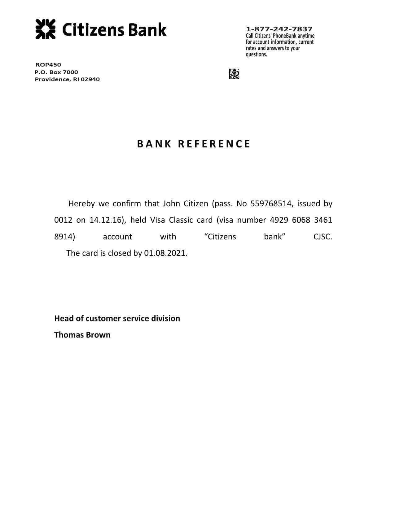 USA Citizens Bank bank account closure reference letter template in Word and PDF format USA Citizens Bank bank account closure reference letter template in Word and PDF format