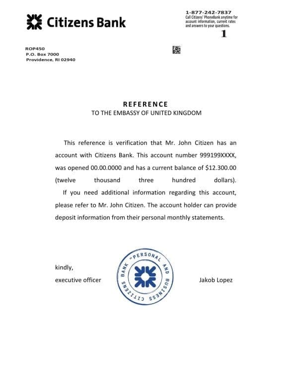 USA Citizens Bank bank account reference letter template in Word and PDF format
