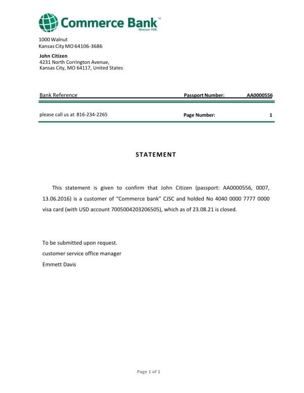USA Commerce Bank bank account closure reference letter template in Word and PDF format USA Commerce Bank bank account closure reference letter template in Word and PDF format