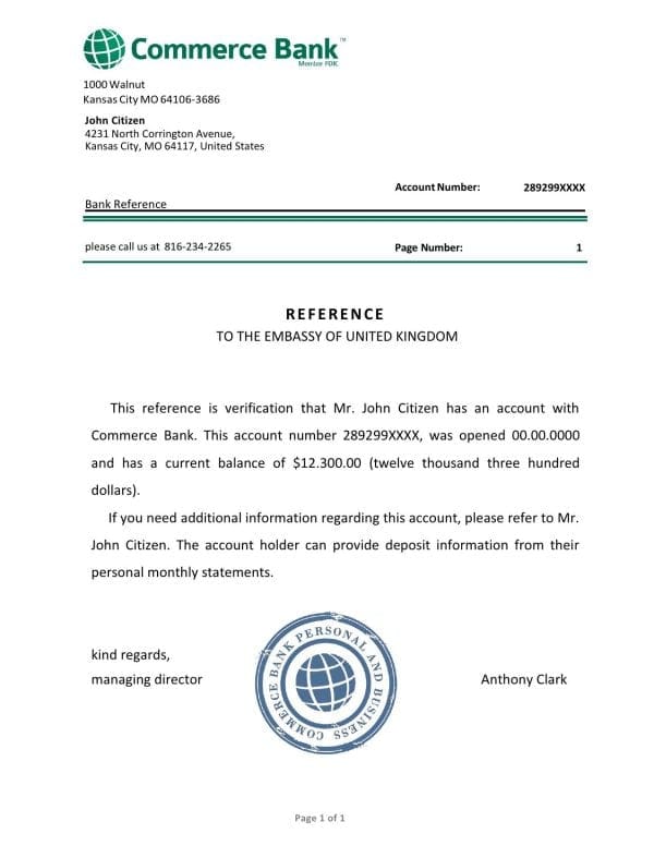 USA Commerce Bank bank account reference letter template in Word and PDF format