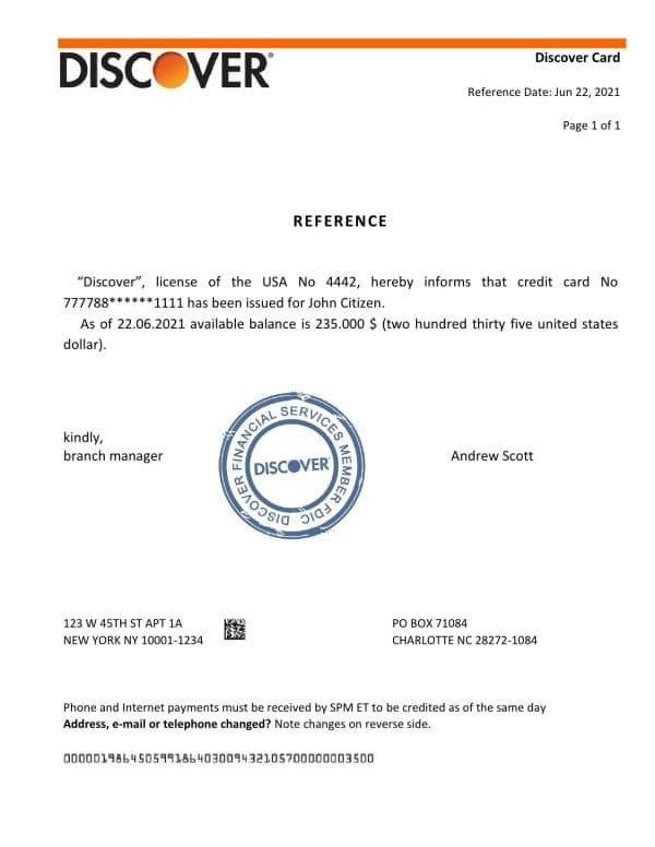 USA Discover bank account reference letter template in Word and PDF format
