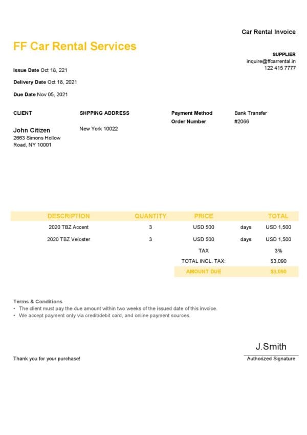 USA FF Car Rental Services invoice template in Word and PDF format, fully editable