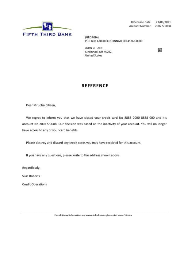 USA Fifth Third Bank bank account closure reference letter template in Word and PDF format USA Fifth Third Bank bank account closure reference letter template in Word and PDF format