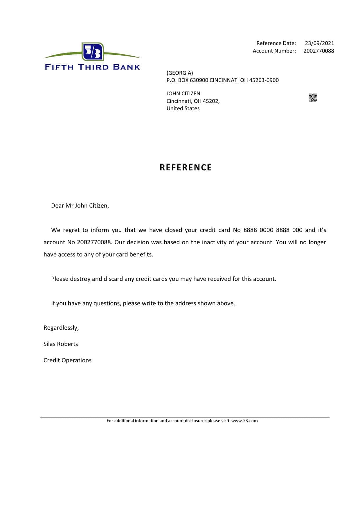 USA Fifth Third Bank bank account closure reference letter template in Word and PDF format USA Fifth Third Bank bank account closure reference letter template in Word and PDF format