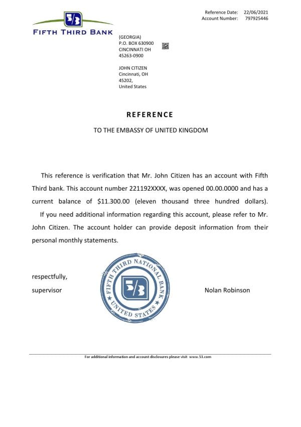 USA Fifth Third Bank bank account reference letter template in Word and PDF format