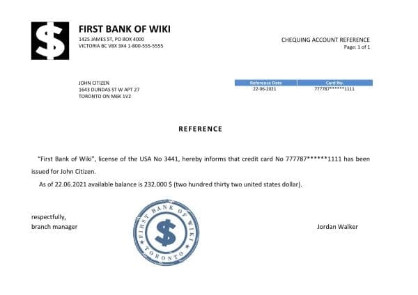 USA First Bank of Wiki bank account reference letter template in Word and PDF format