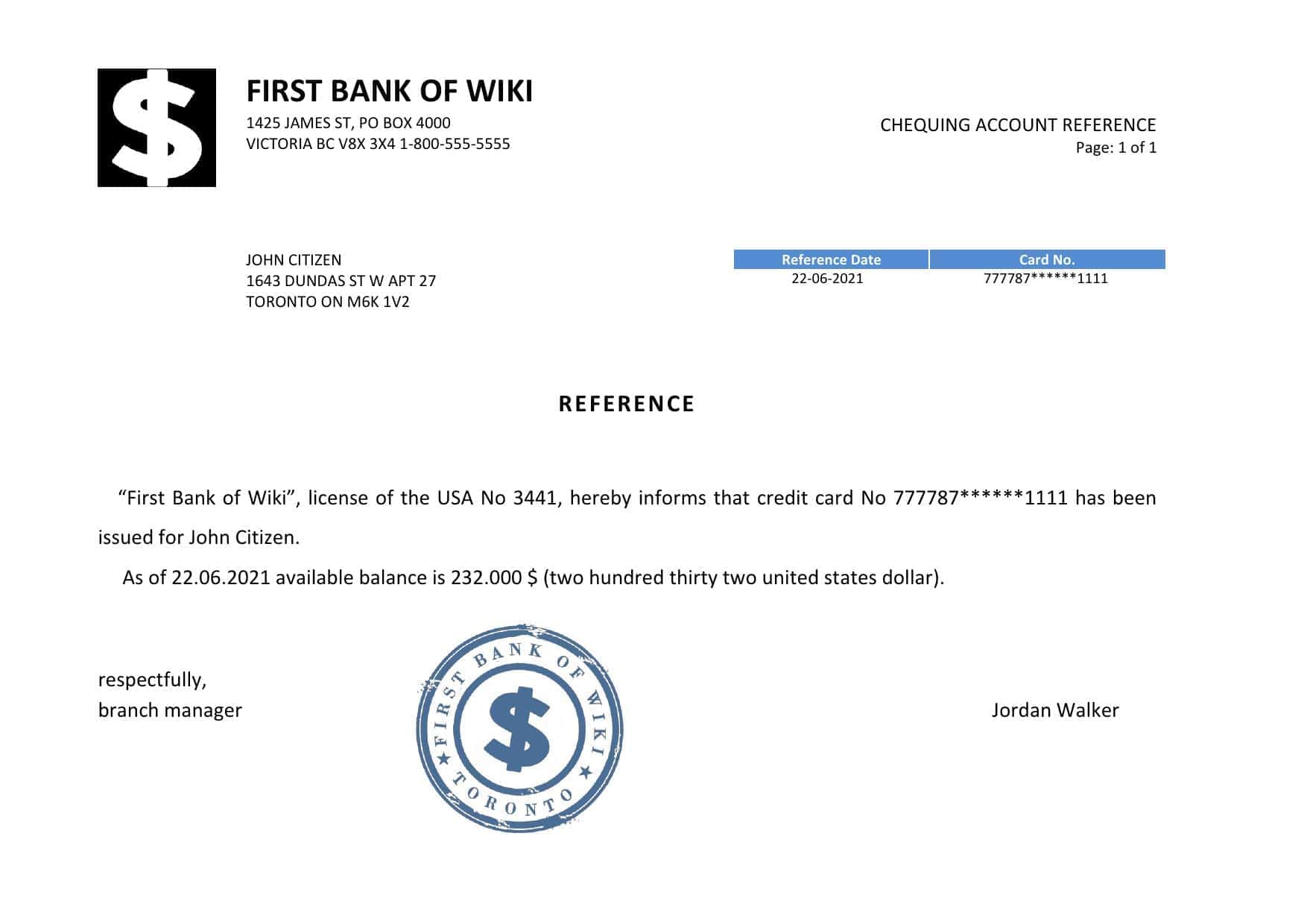 USA First Bank of Wiki bank account reference letter template in Word and PDF format USA First Bank of Wiki bank account reference letter template in Word and PDF format