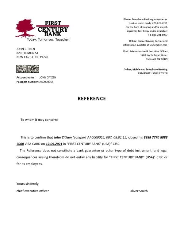 USA First Century Bank bank account closure reference letter template in Word and PDF format USA First Century Bank bank account closure reference letter template in Word and PDF format
