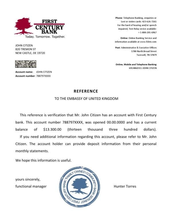 USA First Century Bank bank account reference letter template in Word and PDF format