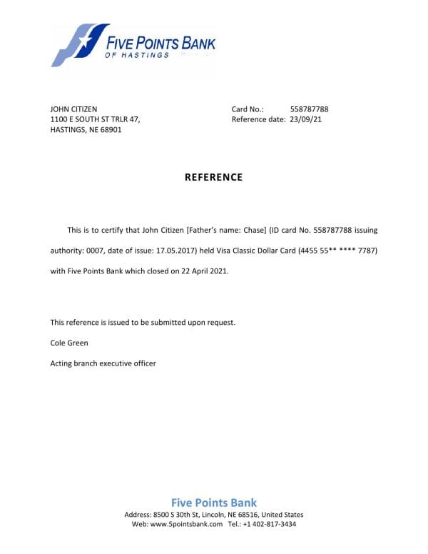 USA Five Points Bank bank account closure reference letter template in Word and PDF format USA Five Points Bank bank account closure reference letter template in Word and PDF format