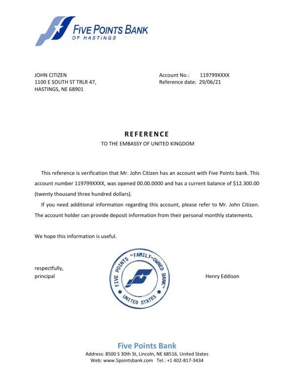USA Five Points Bank bank account reference letter template in Word and PDF format