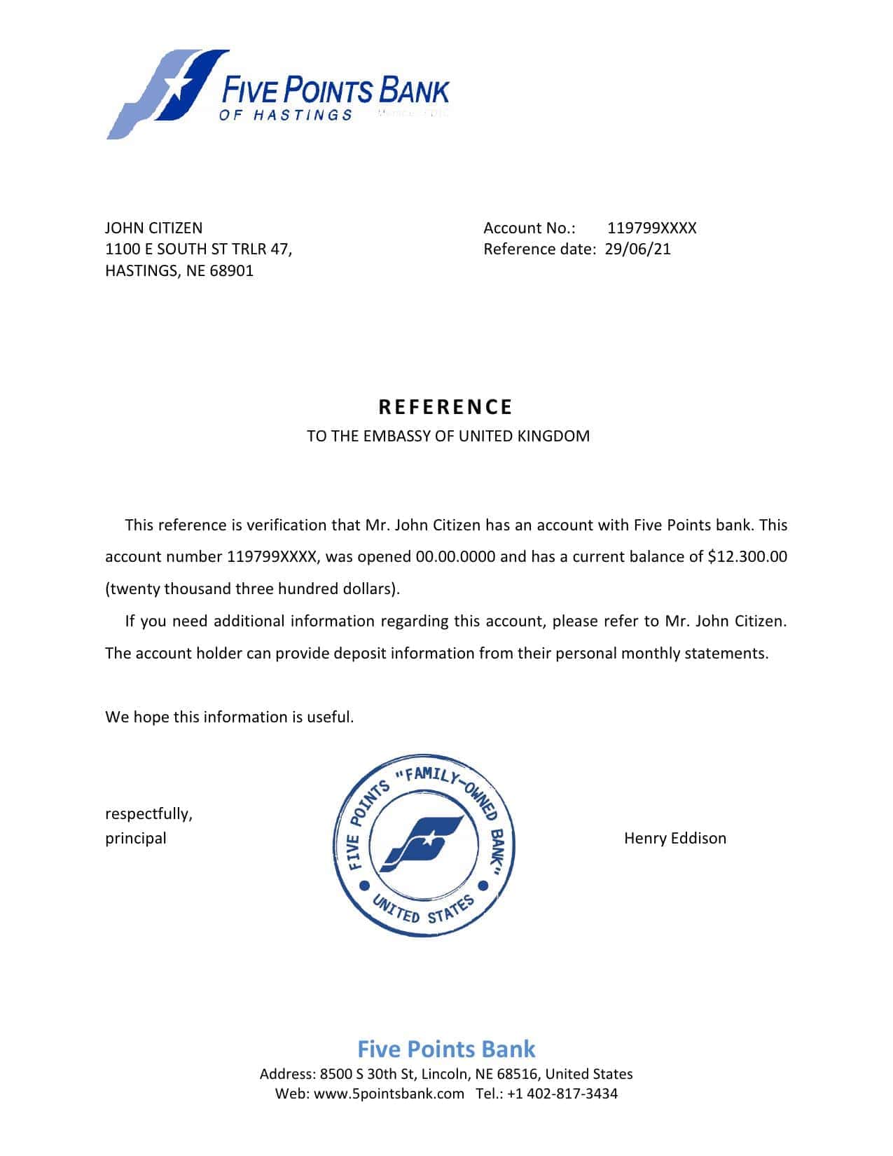 USA Five Points Bank bank account reference letter template in Word and PDF format USA Five Points Bank bank account reference letter template in Word and PDF format