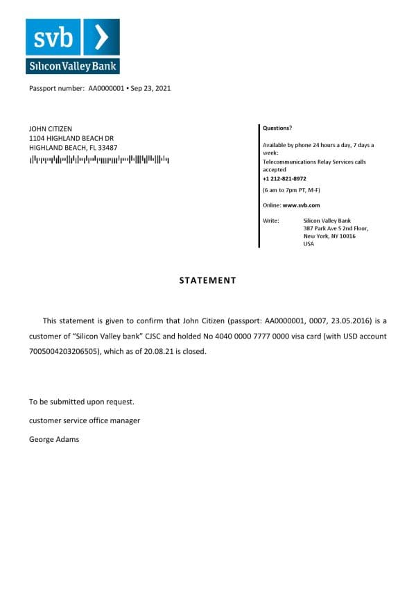 USA Silicon Valley Bank bank account closure reference letter template in Word and PDF format