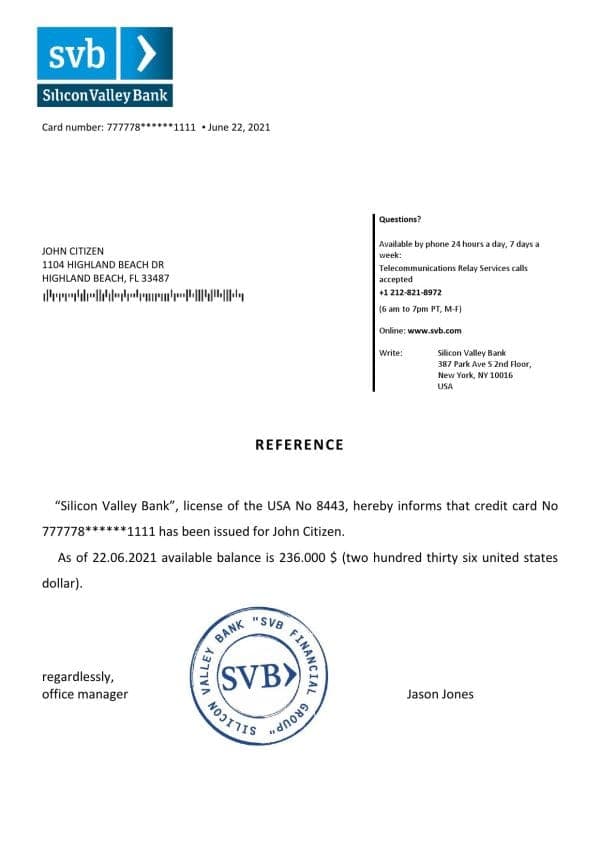 USA Silicon Valley Bank bank account reference letter template in Word and PDF format