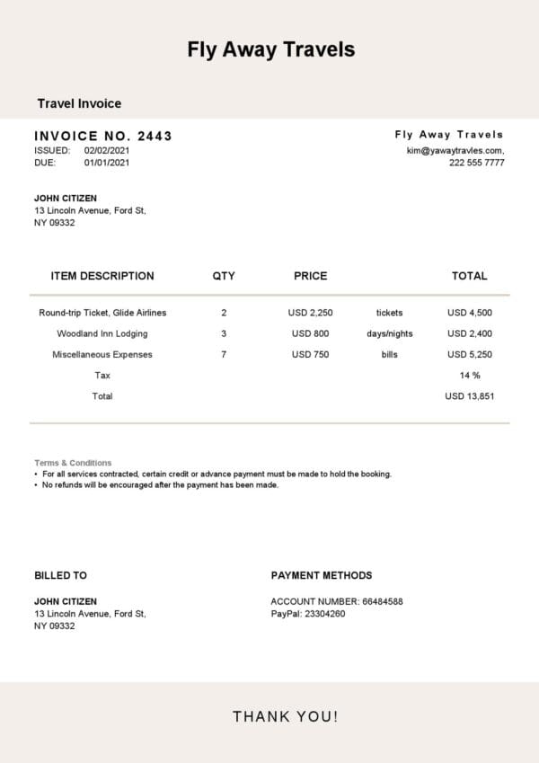 USA Fly Away Travels invoice template in Word and PDF format, fully editable