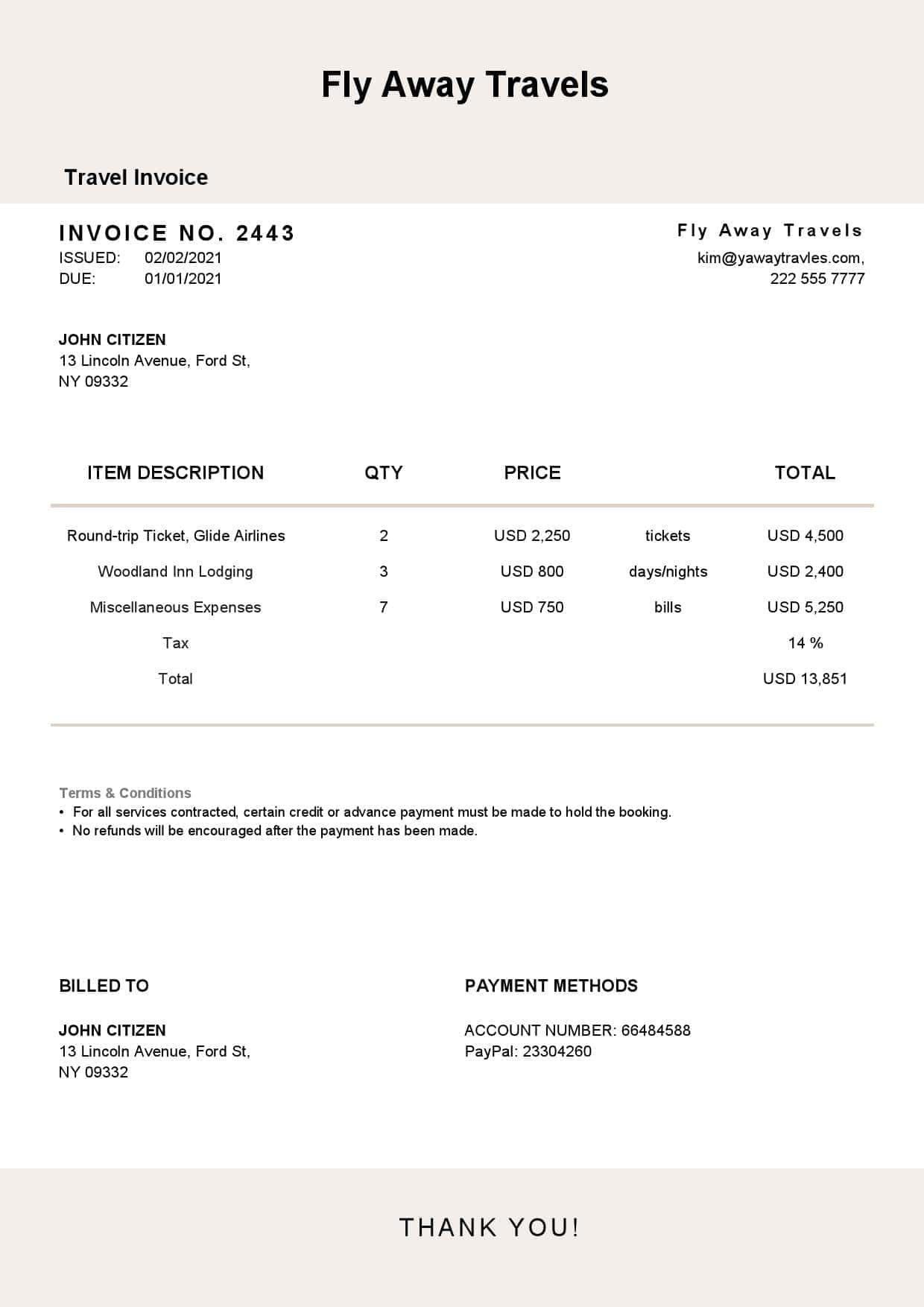 USA Fly Away Travels invoice template in Word and PDF format, fully editable USA Fly Away Travels invoice template in Word and PDF format, fully editable