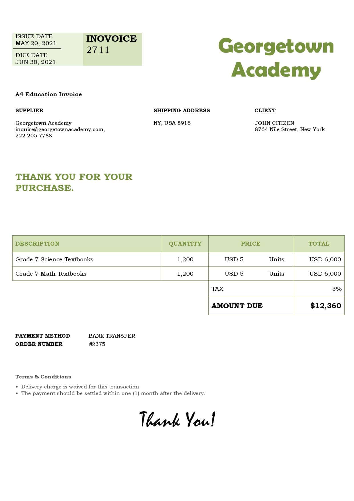 USA Georgetown Academy invoice template in Word and PDF format, fully editable USA Georgetown Academy invoice template in Word and PDF format, fully editable