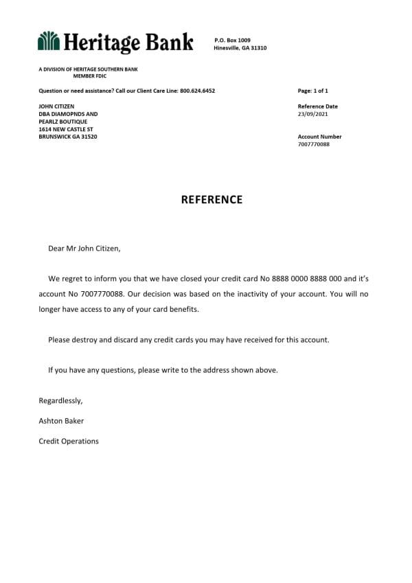 USA Heritage Bank bank account closure reference letter template in Word and PDF format USA Heritage Bank bank account closure reference letter template in Word and PDF format