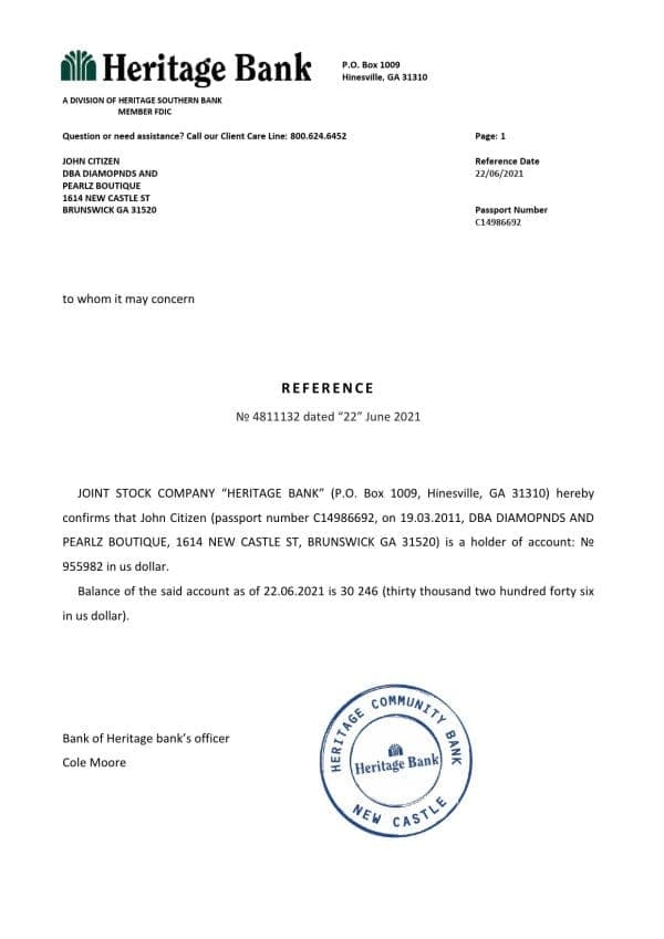 USA Heritage Bank bank account reference letter template in Word and PDF format USA Heritage Bank bank account reference letter template in Word and PDF format