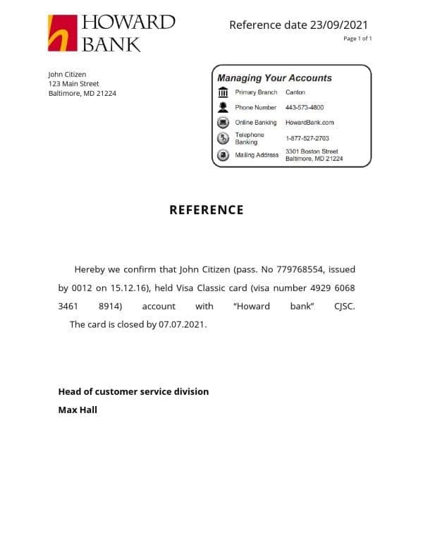 USA Howard Bank bank account closure reference letter template in Word and PDF format USA Howard Bank bank account closure reference letter template in Word and PDF format