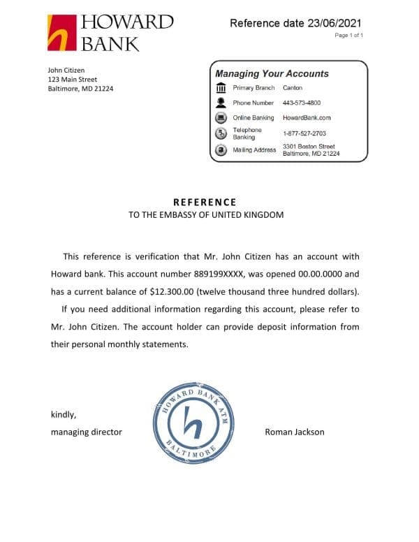 USA Howard Bank bank account reference letter template in Word and PDF format USA Howard Bank bank account reference letter template in Word and PDF format