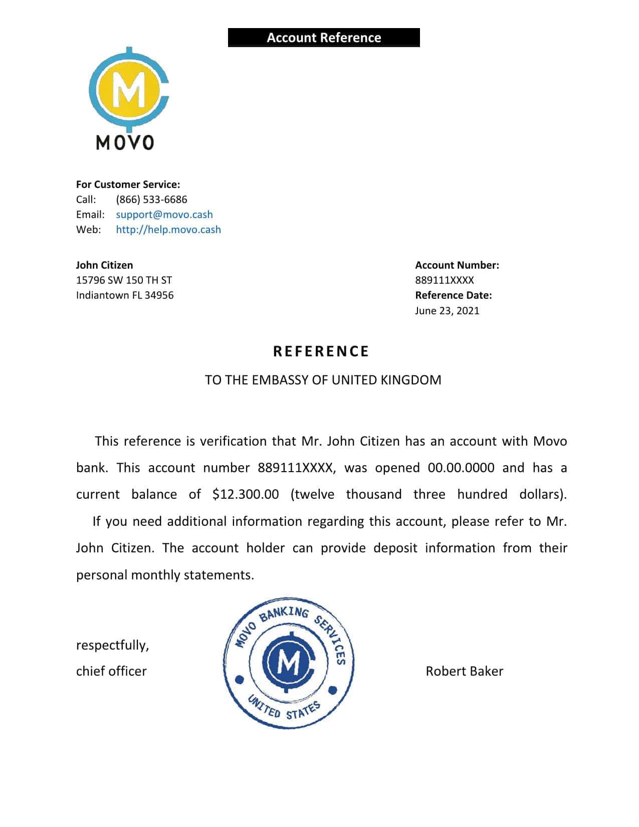 USA Movo bank account reference letter template in Word and PDF format USA Movo bank account reference letter template in Word and PDF format