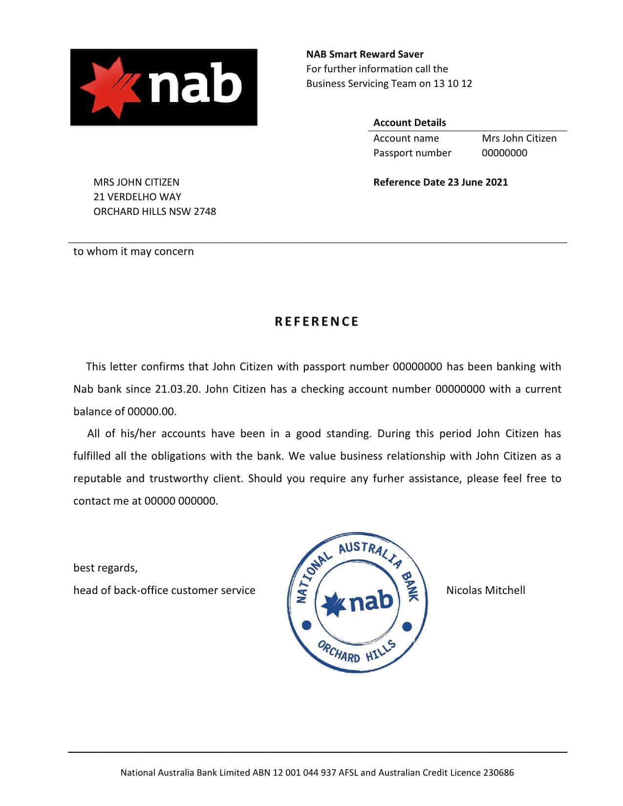 USA Nab bank account reference letter template in Word and PDF format USA Nab bank account reference letter template in Word and PDF format