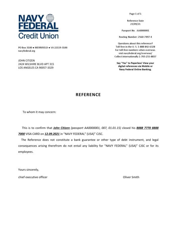 USA Navy Federal bank account closure reference letter template in Word and PDF format USA Navy Federal bank account closure reference letter template in Word and PDF format