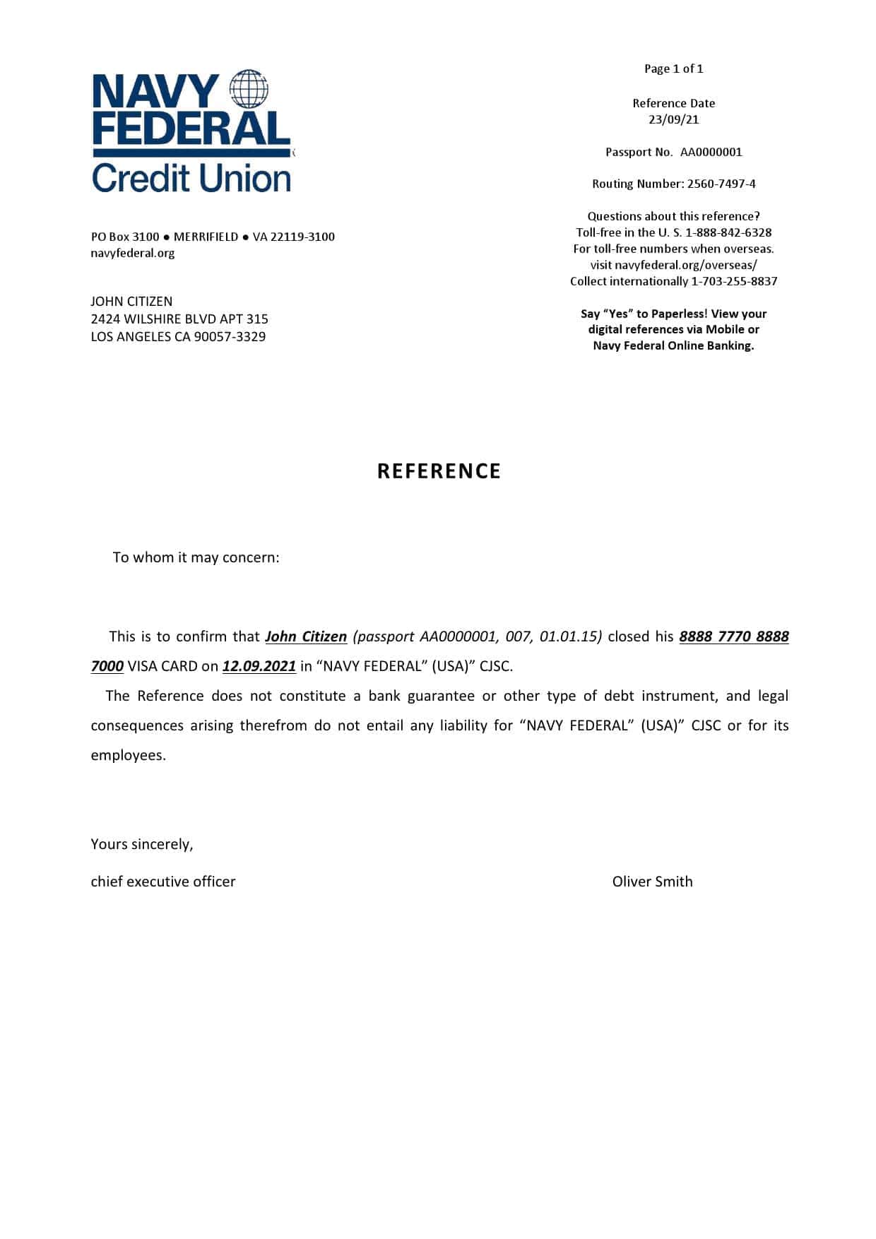 USA Navy Federal bank account closure reference letter template in Word and PDF format USA Navy Federal bank account closure reference letter template in Word and PDF format