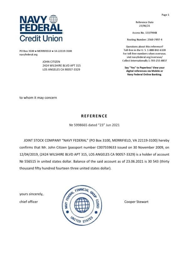 USA Navy Federal bank account reference letter template in Word and PDF format USA Navy Federal bank account reference letter template in Word and PDF format