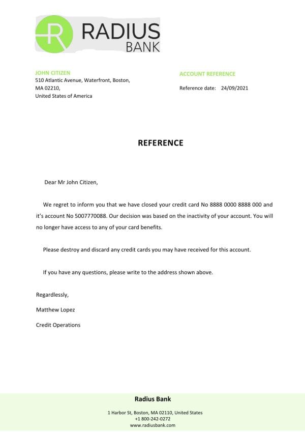USA Radius bank account closure reference letter template in Word and PDF format USA Radius bank account closure reference letter template in Word and PDF format