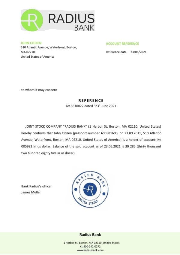 USA Radius bank account reference letter template in Word and PDF format USA Radius bank account reference letter template in Word and PDF format